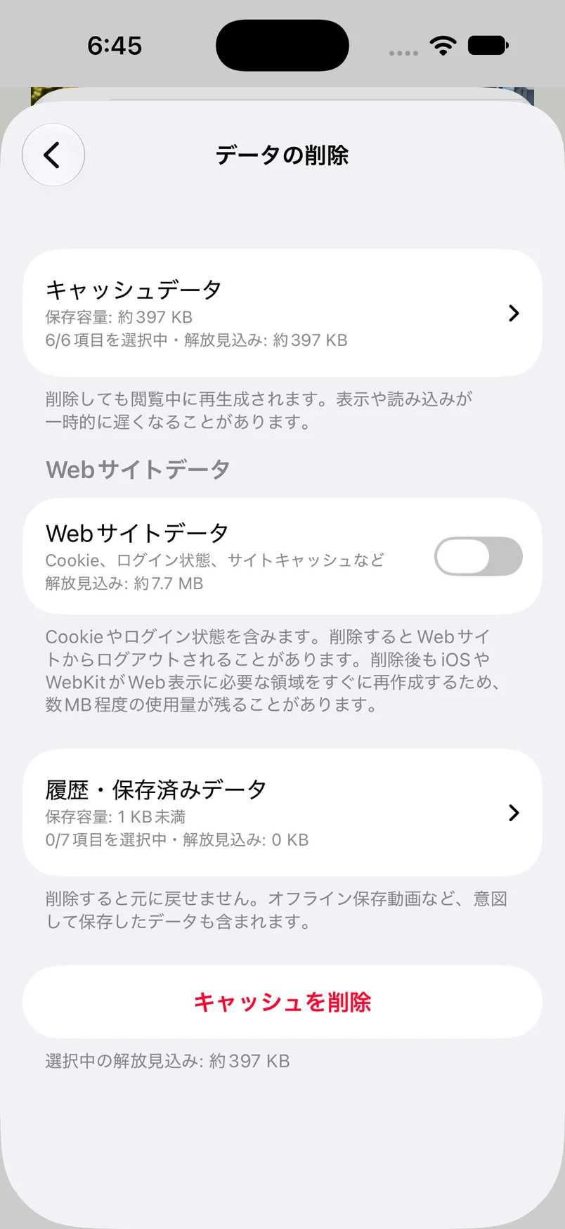 データ削除画面に保存容量と選択した項目の解放見込みが表示されている画面